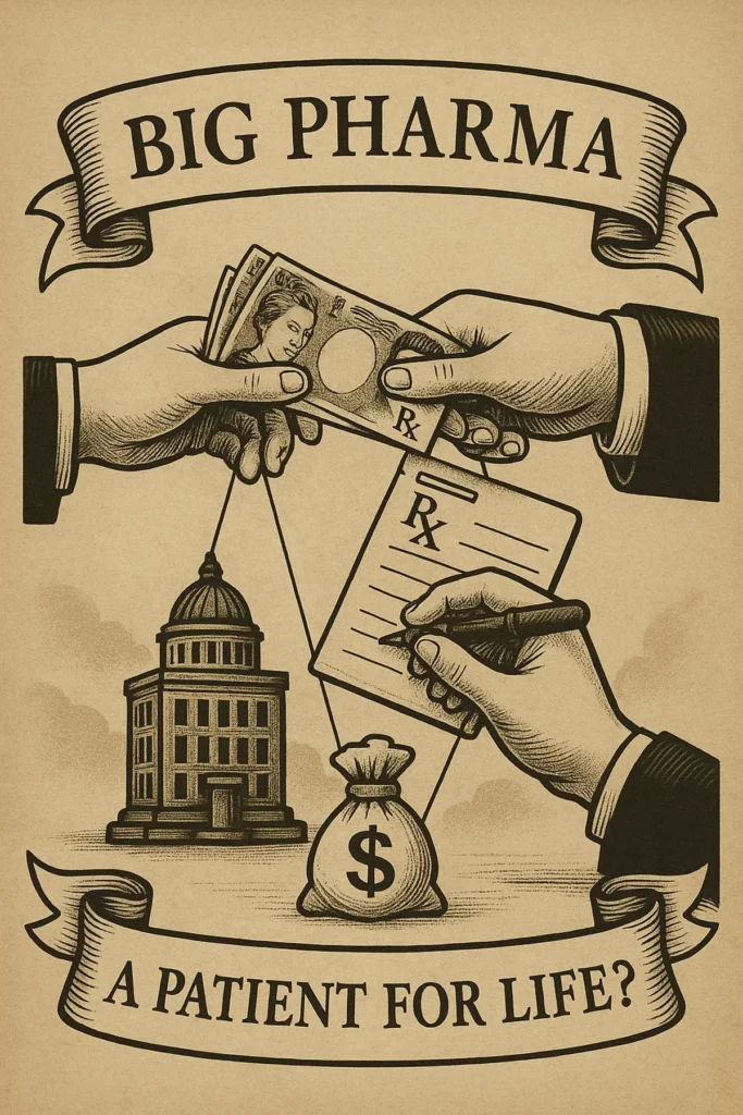 Illustration of Big Pharma’s colourful pills spilling onto dollar bills, symbolising profits over true health.
