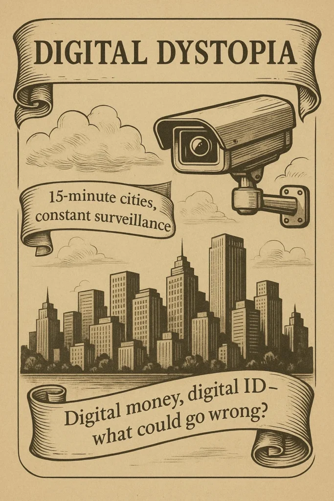 Illustration of a neatly divided smart city with zones and surveillance cameras, representing controlled urban planning and quiet restriction.