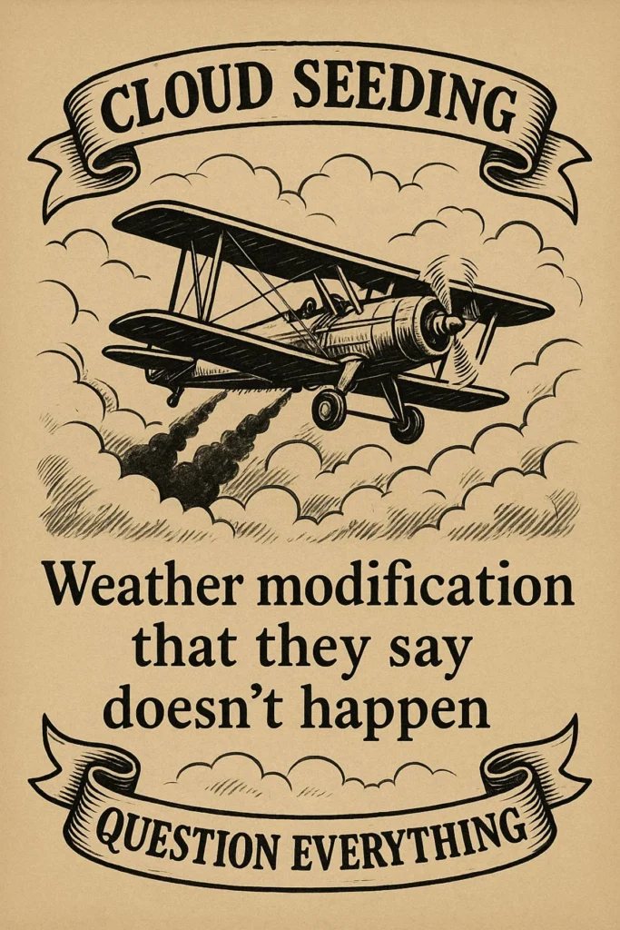 Illustration of government-backed cloud seeding and weather manipulation tactics influencing our skies and climate.