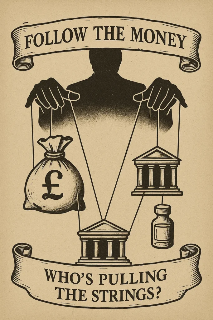 Illustration of dollar bills morphing into puppet strings controlling the world, symbolising hidden financial power networks.