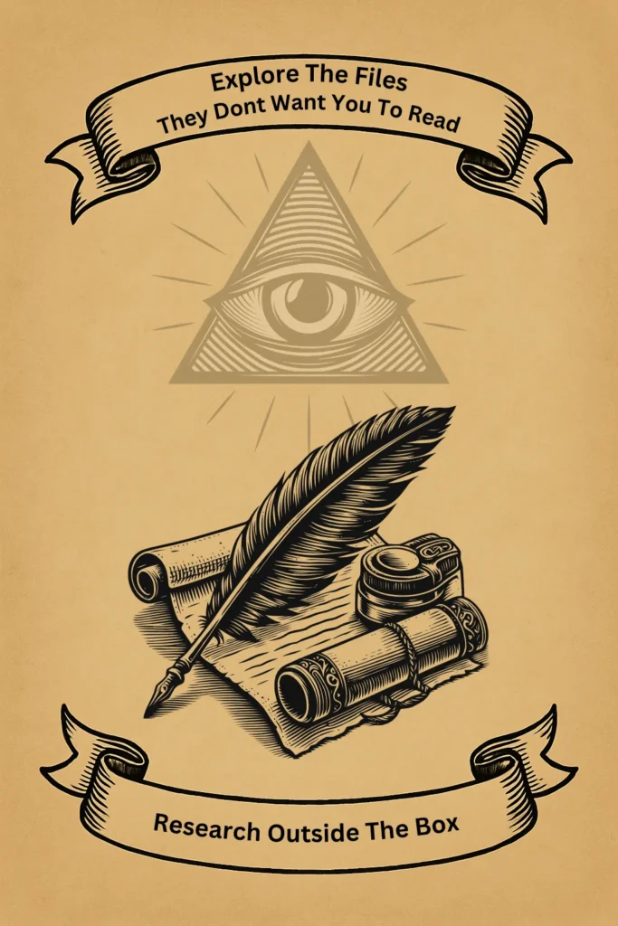 Illustration of an old parchment scroll with a feather quill and a faded Flat Earth map in the background, symbolising hidden knowledge and questioning everything.