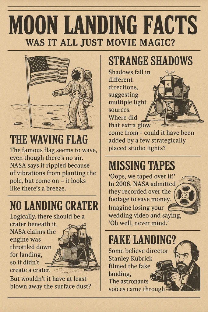 The moon landing facts that just don’t add up. From dodgy photos-missing tapes, explore why many believe we never landed on the moon at all.