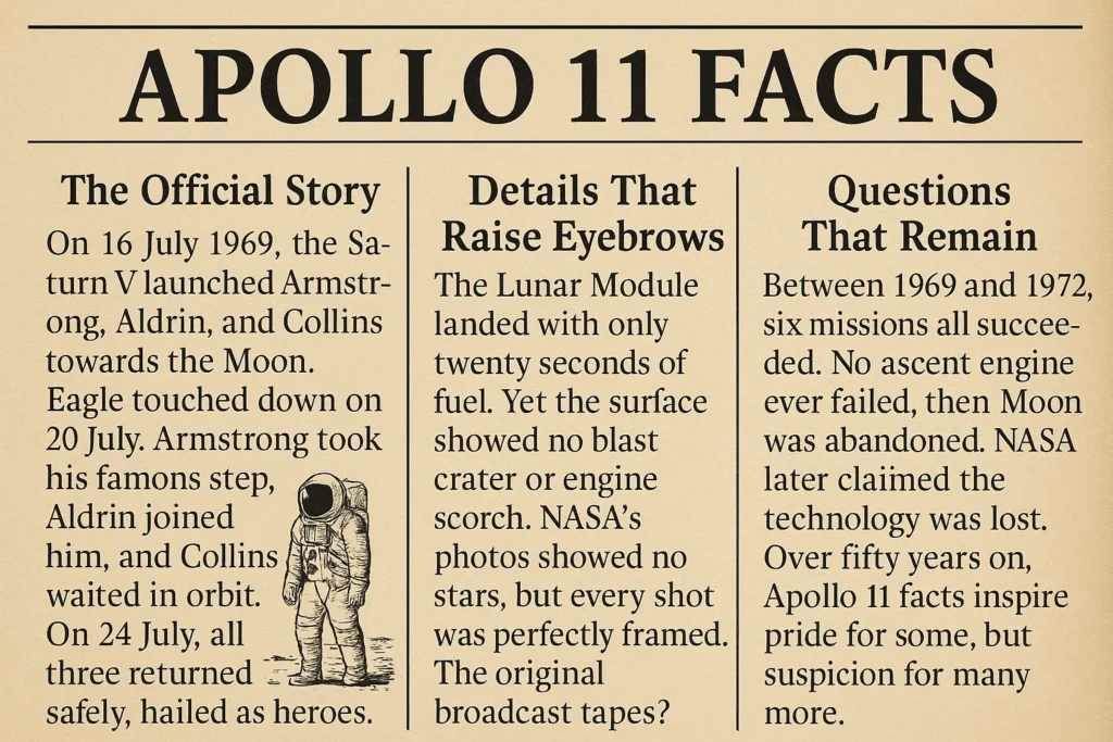 Apollo 11 facts from both mainstream history and hidden anomalies. Question the Moon landing story with a fresh perspective. Check both sides