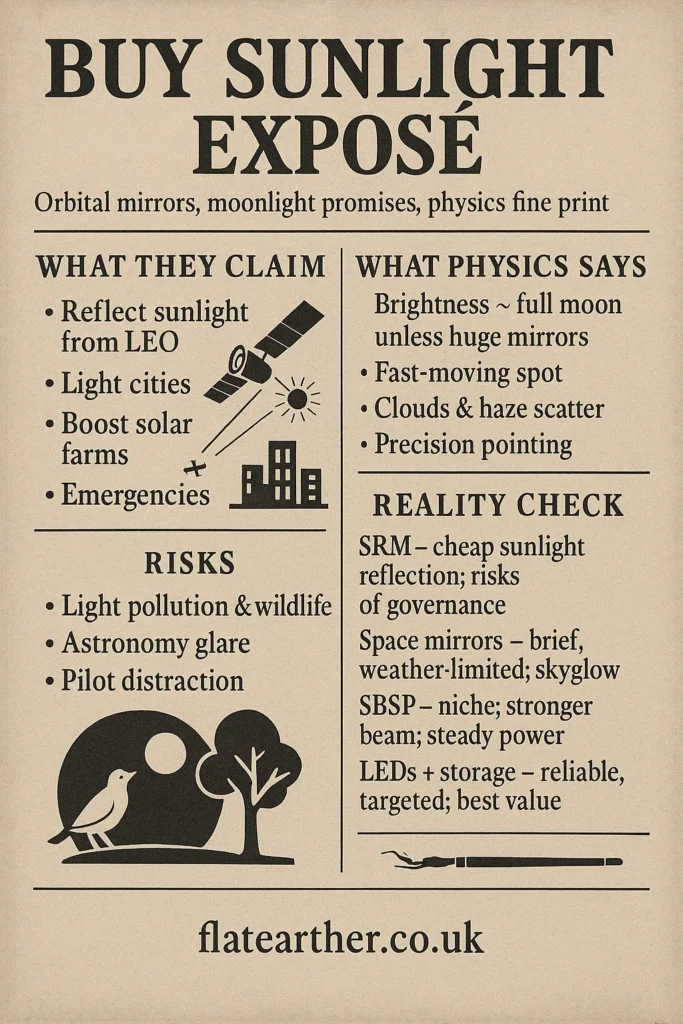 Take a look at orbital mirrors and the promise to “buy sunlight expose” on demand. Risks, costs, wildlife, and who controls the switch.