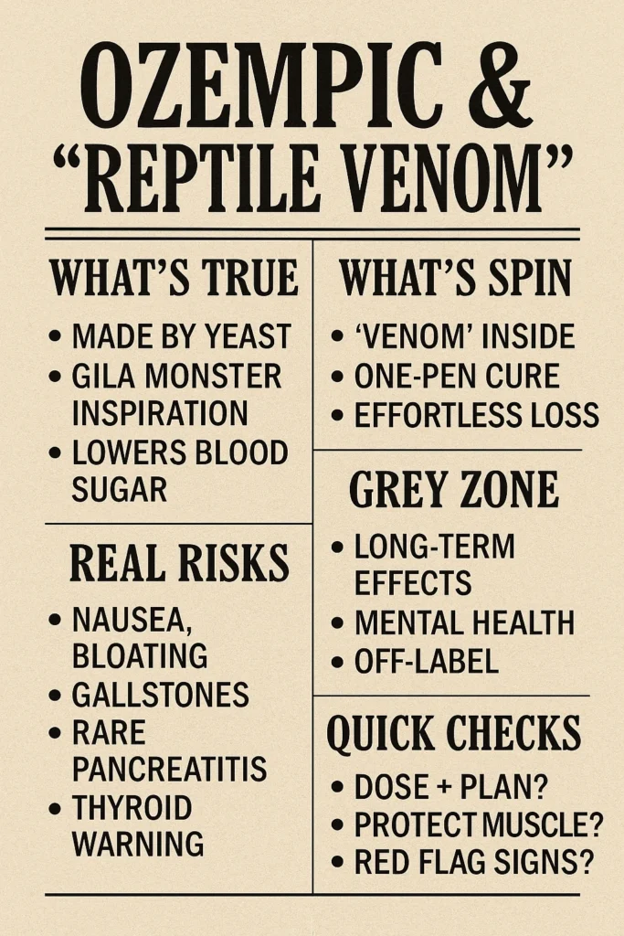 Does Ozempic contain reptile venom? Short answer: no. Our 50/50 guide separates myth from medicine and flags real side effects. Read more