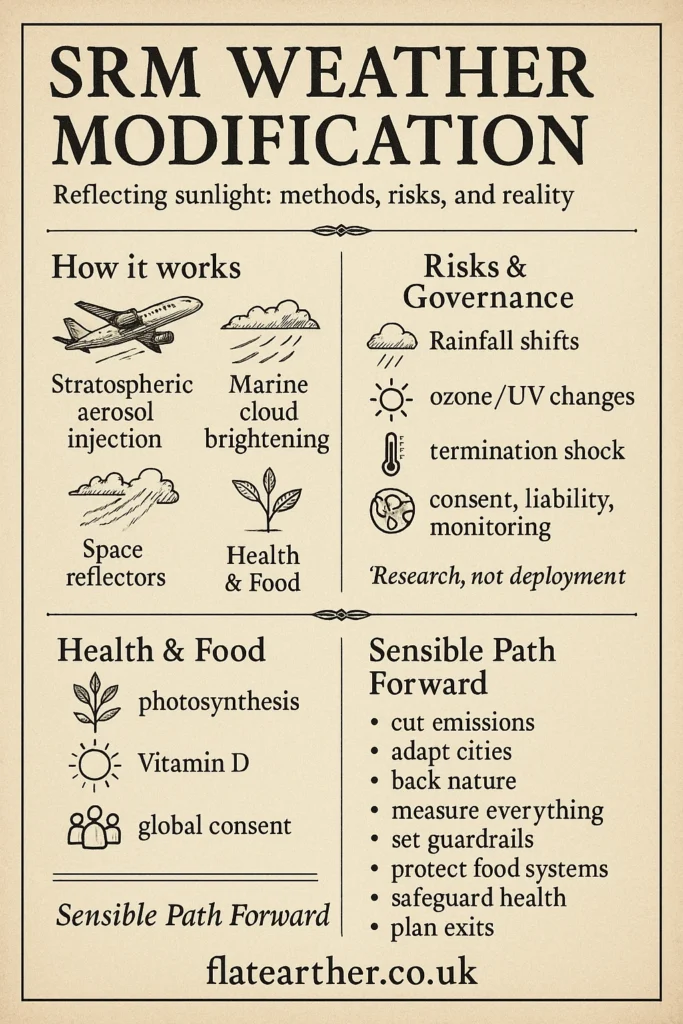A clear, plain-English guide to SRM weather modification: methods, risks, health & food impacts, plus why research must stay tightly governed