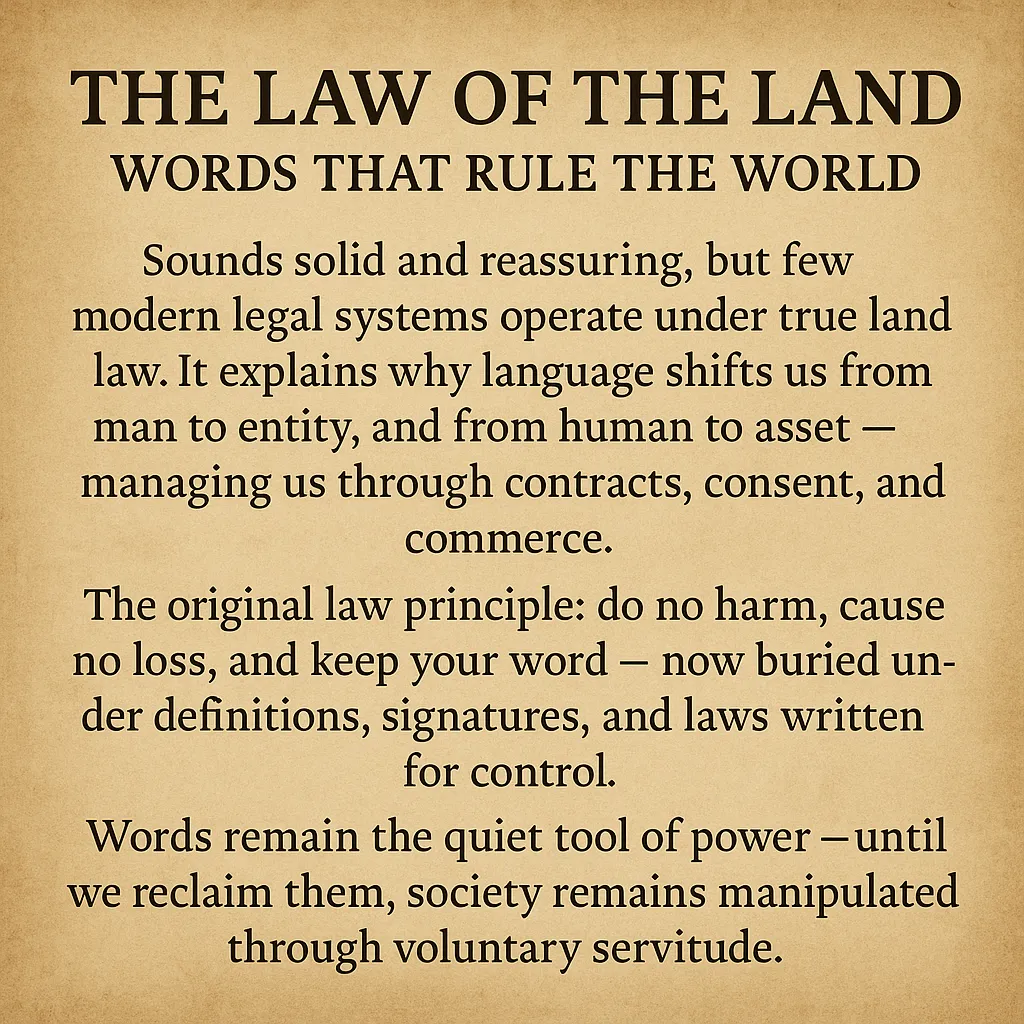 Read how the law of the land was replaced by corporate codes and contracts. Question the legal language shaping your freedom