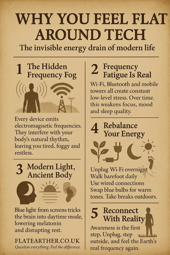 Why you feel flat around tech and how invisible frequencies, EMFs, and digital overload drain your energy. Learn how to protect your balance.