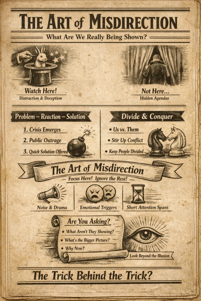 The art of misdirection explained in a tongue-in-cheek way. Discover how distraction, divide and conquer shape modern narratives.